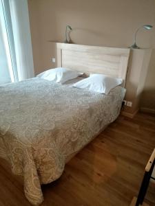 een slaapkamer met een bed met witte lakens en kussens bij Très belle vue Canal du Midi in Béziers