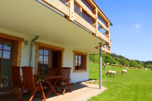 une maison dotée d'une terrasse en bois avec une table et des chaises dans l'établissement Ferienwohnung Holzfäller, à Vorderfalkau 7 autres photos