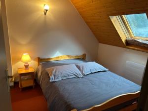 a bedroom with a bed with a window and a lamp at Chalet D-LYS in Cauterets