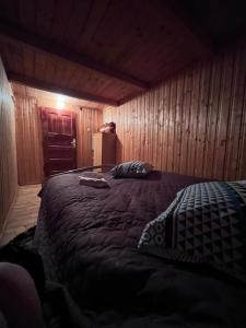 a bedroom with a large bed in a wooden room at Cabana Paltini 