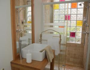 a bathroom with a sink and a shower at Cottage Mackinley, séjour convivial, jeux, grand sapin de Noël, et contes,15 pers, Centre Historique, gare TER in Aubigny-sur-Nère