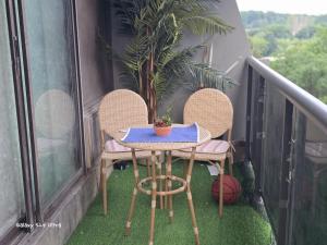 a table and chairs on a balcony with a plant at Simple entire apartment 2 bedroom night rest in Kitchener +11 photos