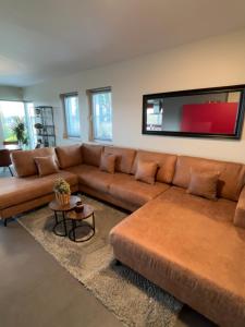 een woonkamer met een bruine bank en een flatscreen-tv bij Le Daguet pour 4 in Florenville