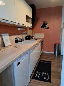 una cocina con fregadero y encimera en Studio Nimes - Clim - Wifi -Cuisine privatif - parking privé - salle de bain commune- balcon, en Nimes 16 fotos más