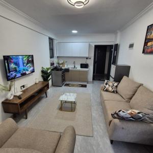 a living room with two couches and a kitchen at Golden Mango Heights - Urban Family Suite - One Bedroom Apartment - Restaurant, Workspace, City Views, Fast WiFi, Sauna, Fitness Facilities, Secure Parking And Kids Play Area in Nairobi