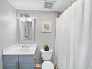 ナバーにあるMermaid Manorのバスルーム(洗面台、シャワーカーテン付きトイレ付)