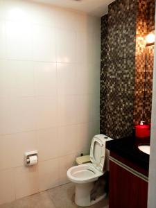 a bathroom with a toilet and a sink at Hotel Adulam in Santa Cruz de la Sierra