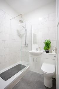 ein Badezimmer mit Dusche, Toilette und Waschbecken in der Unterkunft Modern 2 BR Apt with Free parking in Cardiff Pontcanna in Cardiff