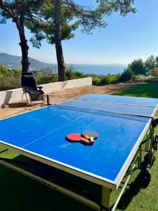 una mesa de ping pong con una paleta de ping pong en Résidences des Peyrons vue exceptionnelle mer et sur les Iles d'Or, en Carqueiranne