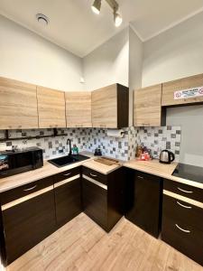 eine Küche mit Holzschränken und einem Spülbecken darin in der Unterkunft Pokój przy Parku Róż II in Chorzów + 4 Fotos