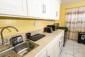 een keuken met een spoelbak en een magnetron bij Mins from Beach • WiFi + AC • BBQ Grill in Vieux Fort +3 foto's