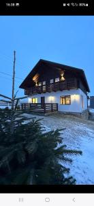 a house with a thatched roof in the snow at Cabana Stil in Mărişel