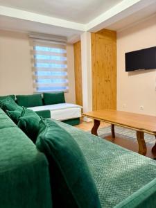 een woonkamer met twee groene banken en een tafel bij Ski kuca Elbrus in Jahorina
