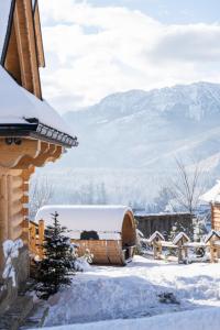 a house covered in snow with mountains in the background at Ostoja Spokoju in Kościelisko