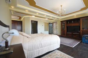 a bedroom with a large bed and a television at Villa St.George in Petrovac na Moru