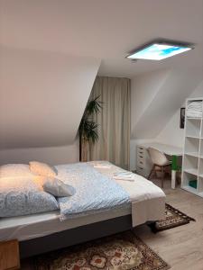 a bedroom with a bed and a skylight at Familienfreundliche Ferienwohnung an der Antoniuslinde im Kurort in Erwitte