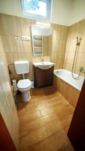 a bathroom with a toilet and a sink and a tub at Ezee Rider Apartmanok in Sárvár