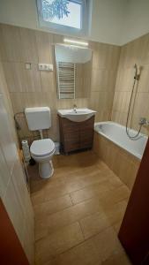 a bathroom with a toilet and a sink and a tub at Ezee Rider Apartmanok in Sárvár