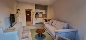 a living room with a couch and a table at Le Cocon de la Prom in Nice