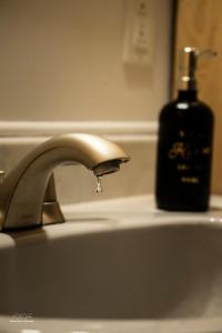 a sink with a soap dispenser and a bottle of soap at Auberge Le Chic in Maniwaki +45 photos
