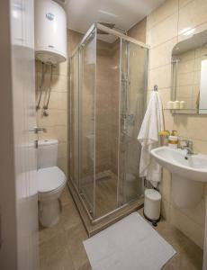 a bathroom with a shower and a toilet and a sink at Amber Apartman in Banja Koviljača
