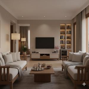 uma sala de estar com uma televisão e um sofá em Tranquil Suite in Prime Pyramids Cairo em Cairo