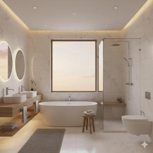 uma casa de banho com uma banheira, 2 lavatórios e um WC. em Tranquil Suite in Prime Pyramids Cairo em Cairo