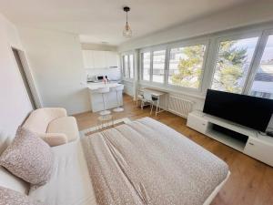 a living room with a couch and a flat screen tv at The Minimalist free Parking in Lausanne