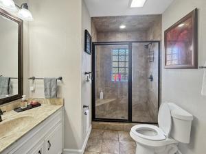 a bathroom with a shower and a toilet and a sink at Brownfield BlueBird House - 6 bedrooms in Brownfield +40 photos