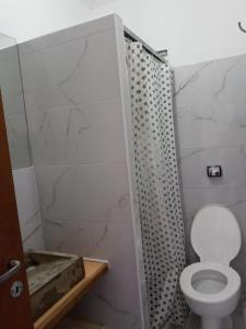 a white bathroom with a toilet and a shower at HOTEL RESTAURANTE Ruta 66 in Paso de los Libres