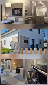 a collage of photos of a living room and a house at Muttis Haus -Auf dem Felde in Ummern