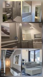 a collage of photos of a living room and a kitchen at Muttis Haus -Auf dem Felde in Ummern