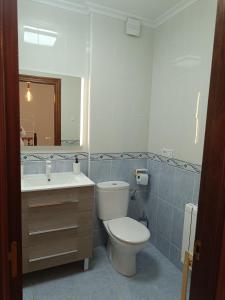a bathroom with a toilet and a sink and a mirror at Dúplex JUNI in Bádames +21 photos
