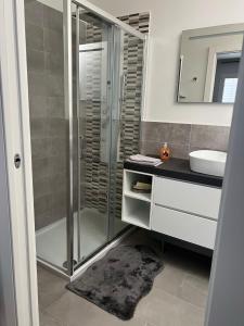 une salle de bain avec douche et lavabo dans l'établissement Elegante appartamento con piscina privata, à Peschiera del Garda