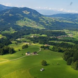 una vista aérea de un campo verde con casas y árboles en Blickfang Bregenzerwald, en Langenegg 6 fotos más