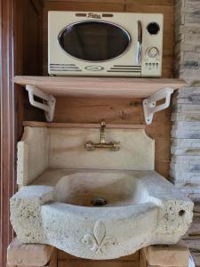 a stone sink with a microwave on top of it at Cabane atypique sur une Île in Sury-aux-Bois +69 photos