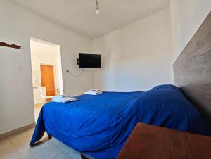 ein Schlafzimmer mit einem blauen Bett und einem Fernseher an der Wand in der Unterkunft Keóken a la vuelta del casino in Caleta Olivia