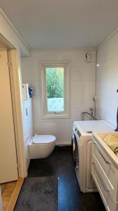 a bathroom with a toilet and a sink and a washing machine at Myrvoll trails og view in Lakselvbukt +56 photos