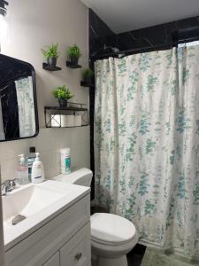 a bathroom with a toilet and a shower curtain at Oasis de comodidad Habitación individual o compartida in Jersey City +16 photos