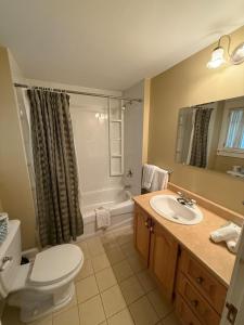a bathroom with a toilet and a sink and a tub at Midstream Manor Unit 1 - Studio in St. John's