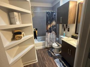 ein Badezimmer mit Waschbecken, Toilette und Dusche in der Unterkunft 1B1B Luxury with City view in Dallas + 8 Fotos