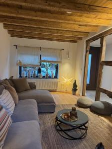 a living room with a couch and a table at EifelQuartier L9 in Schleiden +36 photos