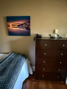 een slaapkamer met een bed en een dressoir met een foto aan de muur bij Chic Midstream Studio WiFi Parking in St. John's
