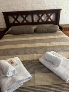 a bed with two towels on it with a money at Depto 168 in Santa Rosa de Calamuchita