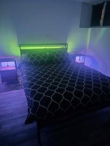 une chambre avec un lit avec une lumière verte dans l'établissement Very nice apartment, à Saint-Paul-lès-Dax