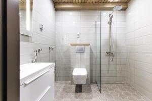 a bathroom with a shower and a toilet and a sink at Naava Chalet Loft - Kaksikerroksinen lasiseinähuoneisto järvinäköalalla in Ähtäri +34 photos