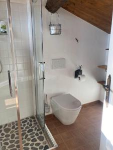 a bathroom with a toilet and a glass shower at Nina's House , nonna Lucia in Badolato +47 photos