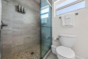 ein Badezimmer mit Toilette und Glasdusche in der Unterkunft The Blue Iguana at Cottages in Sand Bluff + 38 Fotos