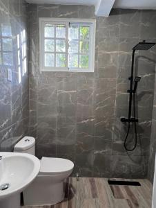 a bathroom with a toilet and a sink and a shower at Mi refugio 2 in San Fernando de Monte Cristi