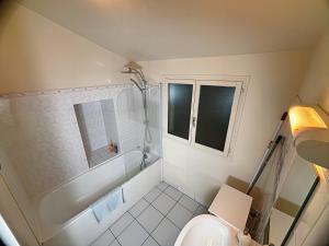 a white bathroom with a toilet and a shower at Pied des Remparts à Provins in Provins